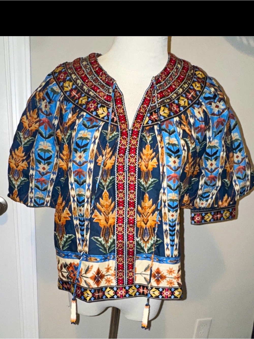 Farm Rio Embroidered Tapestry Blue Blouse Womens XS Short Sleeve Tassel
